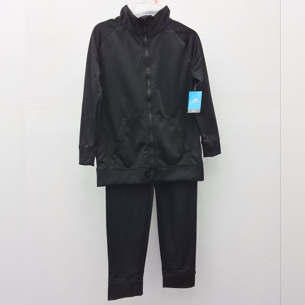 Boys Black Tricot Jogger Set - Zip Jacket & Track Pants (2 PC Set), Size 10/12